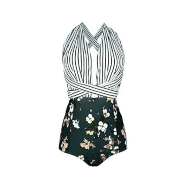 🍍5 for $20• COCOSHIP • Black & White Striped Backless High Waisted Bathing Suit - Picture 7 of 7